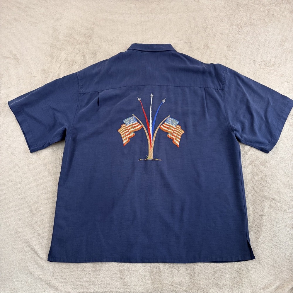 VTG Bamboo Cay USA Flags Palm Trees Patriotic Jets Show Shirt in Navy Men XXL